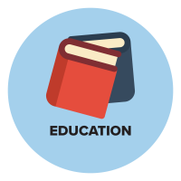 Education Animated light blue circle with two books in the center standing upright with the blue book behind the red book and the words Education underneath the books.